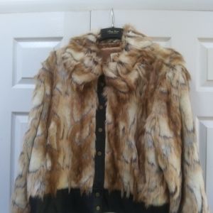 Faux Fur Jacket with Faux Ostrich Leather Trim